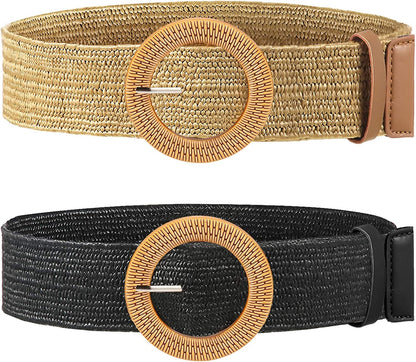 2 Pieces Women Straw Woven Elastic Stretch Waist Belt Skinny Dress Braided Waist Belt with Wooden Style Buckle Apparel & Accessories > Clothing Accessories > Belts SATINIOR Black and Khaki 39.37 Inches 