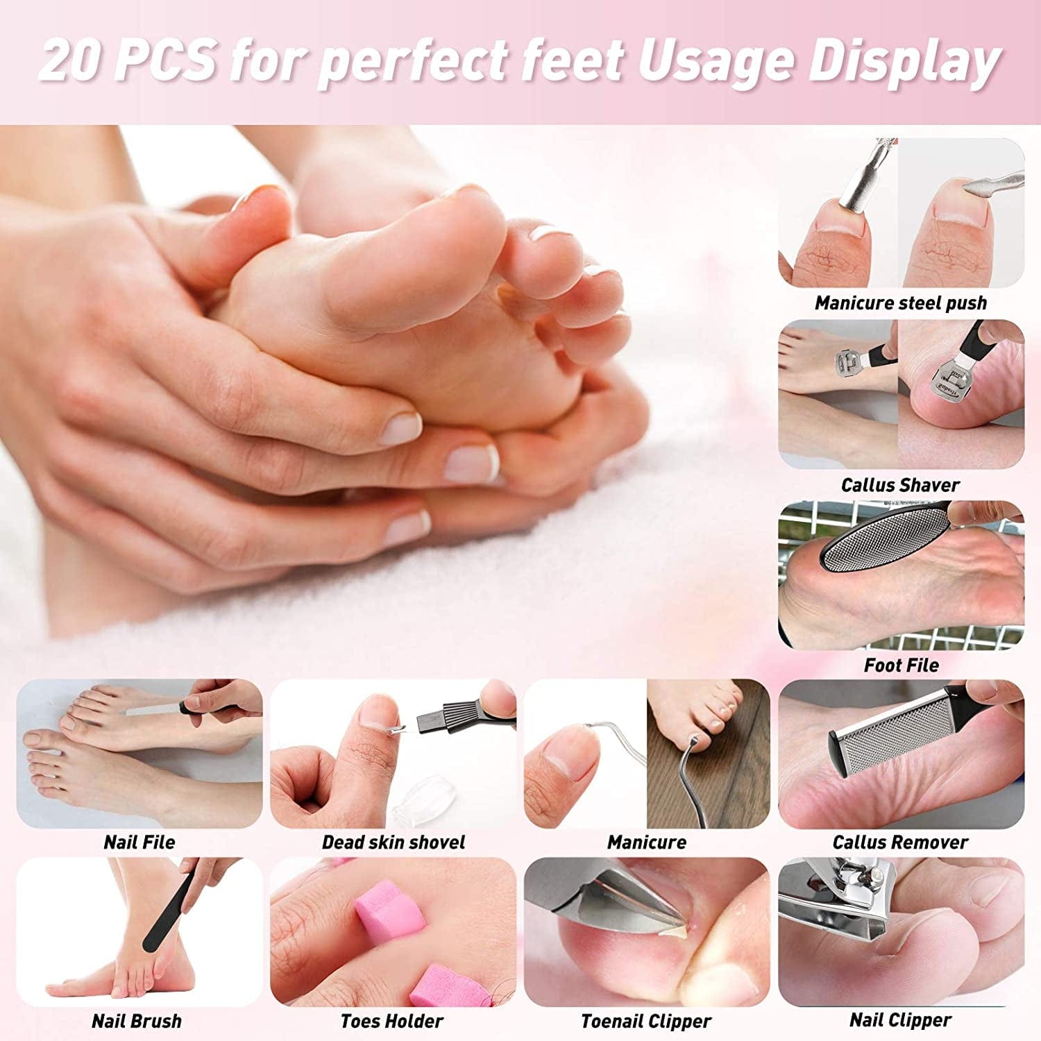 20 in 1 Pedicure Kit Professional Pedicure Tools Set Foot Care Scrubber Stainless Steel Pedicure Supplies Foot File Scraper Rasp Dead Skin Shaver Callus Remover for Feet Women Men Mother’S Day Gift Health & Beauty > Personal Care > Foot Care MUIIGOOD   