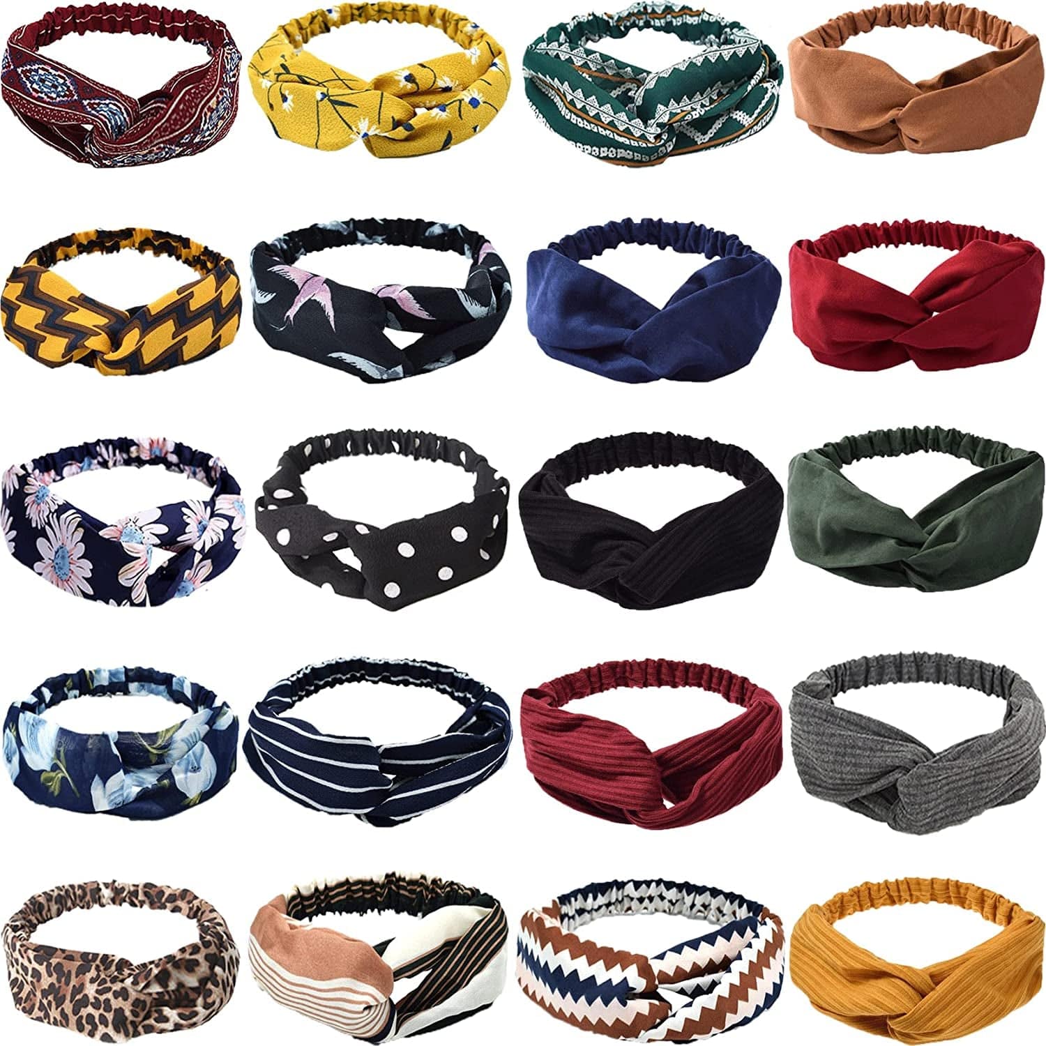 20 Pack Women Headbands with Twist Knot Boho Flower Print Criss Cross Head Wrap Elastic Hair Band - A Apparel & Accessories > Clothing Accessories > Bandanas & Headties RIY Fashion  