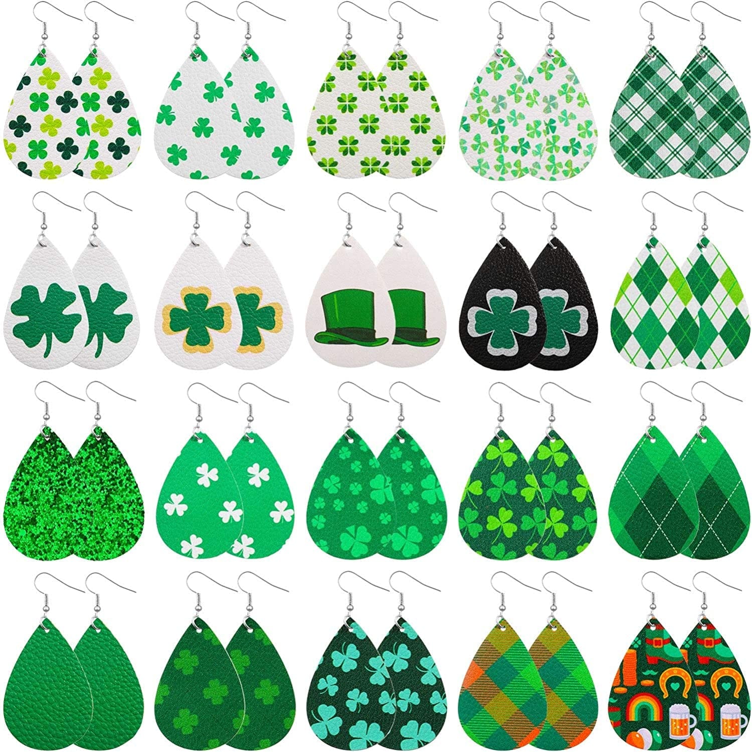 20 Pairs St. Patrick'S Day Earrings Shamrock Dangle Earring Faux Leather Clover Drop Earrings Green Teardrop Earrings for Women Gift