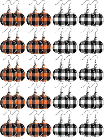 20 Pairs Thanksgiving Dangle Earrings Pumpkin Earrings Buffalo Plaid Drop Earrings Charm Faux Leather Pumpkin Earrings for Women Girls Thanksgiving Day Supplies Yellow and Black, Black and White
