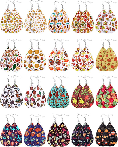 20 Pairs Thanksgiving Fall Faux Leather Earrings Pumpkin Maple Leaf Turkey Print Teardrop Dangle Earrings Apparel & Accessories > Jewelry > Earrings Hicarer   
