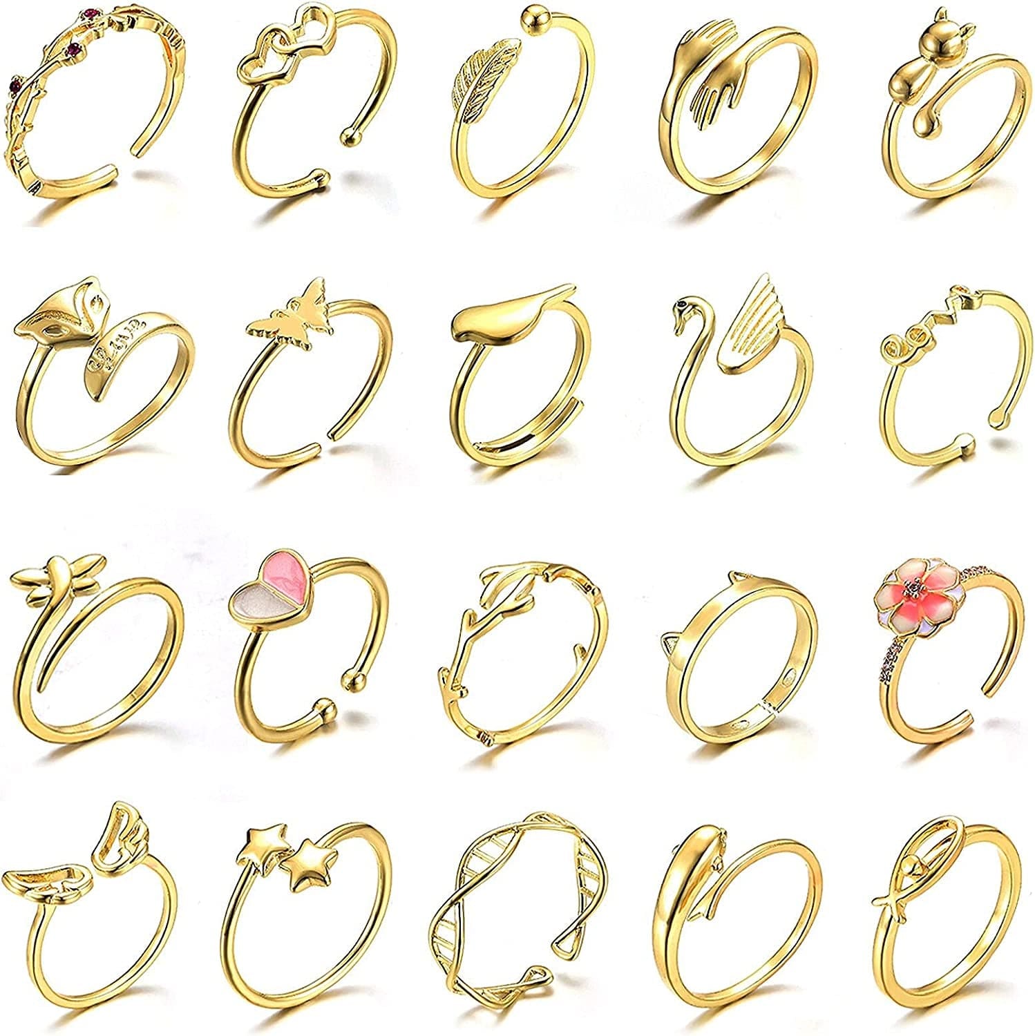 20 Pcs Adjustable Rings Set for Women - Finger Rings Pack Stackable Rings for Teens- Cute Rings for Teen Girls -In Gold and Silver Tone #1-gold tone
