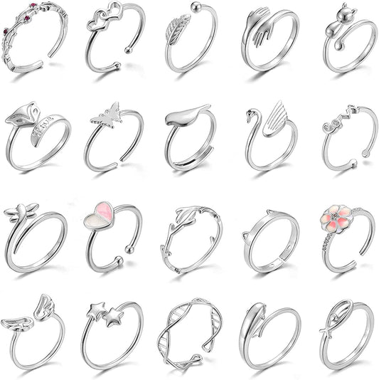 20 Pcs Adjustable Rings Set for Women - Finger Rings Pack Stackable Rings for Teens- Cute Rings for Teen Girls -In Gold and Silver Tone #2-silver tone