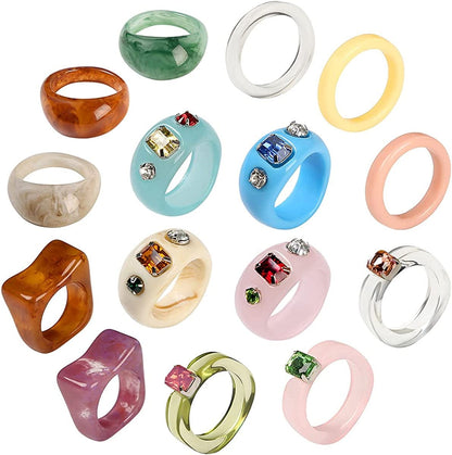 20 Pcs Resin Rings Acrylic Cute Trendy Rings Colorful Rhinestone Rings Jewelry Plastic Resin Square Gem Stackable Chunky Ring for Women Girls 15Pcs Colorful Rings