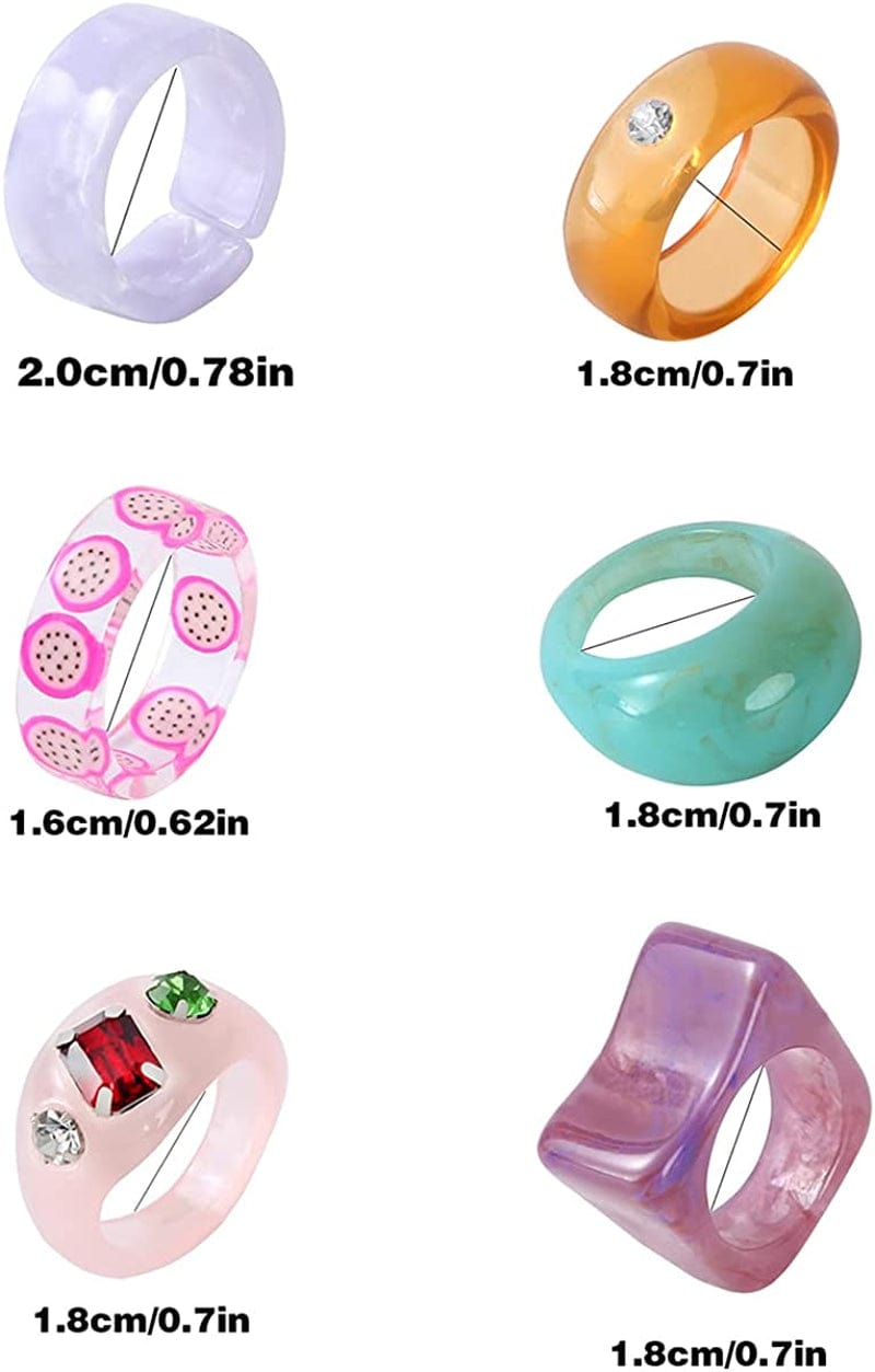 20 Pcs Resin Rings Acrylic Cute Trendy Rings Colorful Rhinestone Rings Jewelry Plastic Resin Square Gem Stackable Chunky Ring for Women Girls