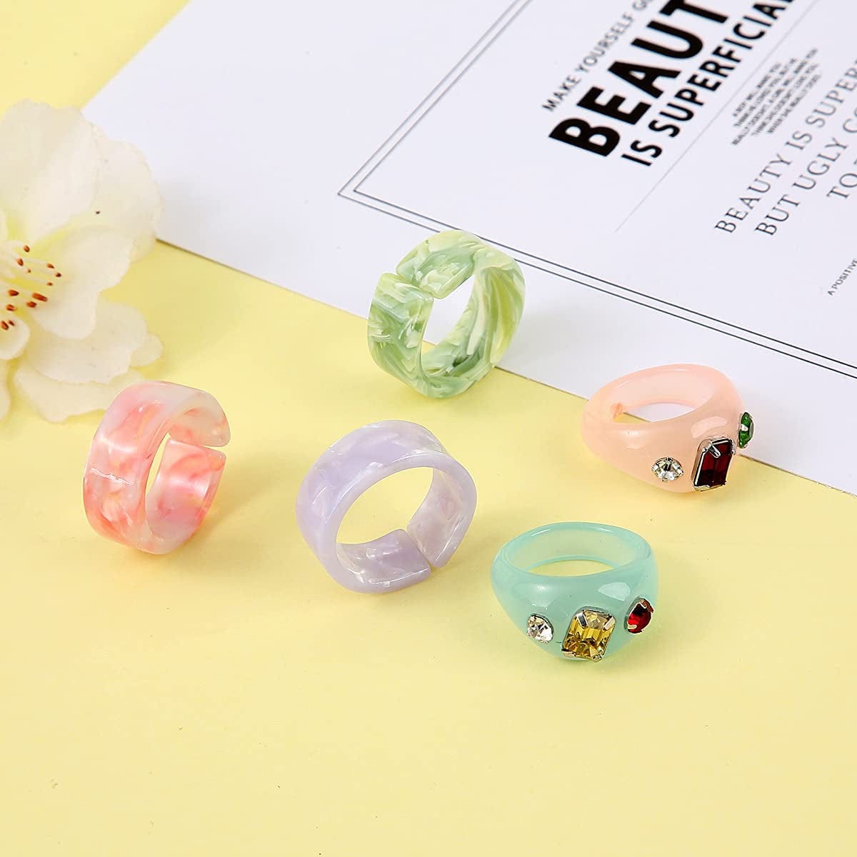 20 Pcs Resin Rings Acrylic Cute Trendy Rings Colorful Rhinestone Rings Jewelry Plastic Resin Square Gem Stackable Chunky Ring for Women Girls
