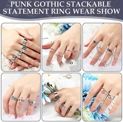 20 Pieces Vintage Silver Punk Chain Finger Rings Adjustable Stackable Vintage Ring Gothic Knuckle Ring Silver Punk Open Rings for Women Men