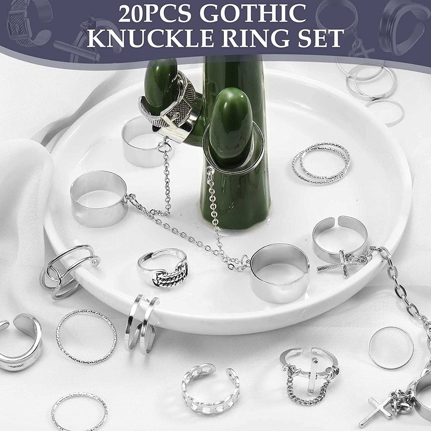 20 Pieces Vintage Silver Punk Chain Finger Rings Adjustable Stackable Vintage Ring Gothic Knuckle Ring Silver Punk Open Rings for Women Men