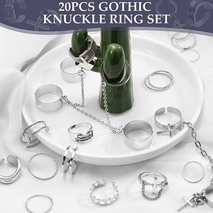 20 Pieces Vintage Silver Punk Chain Finger Rings Adjustable Stackable Vintage Ring Gothic Knuckle Ring Silver Punk Open Rings for Women Men