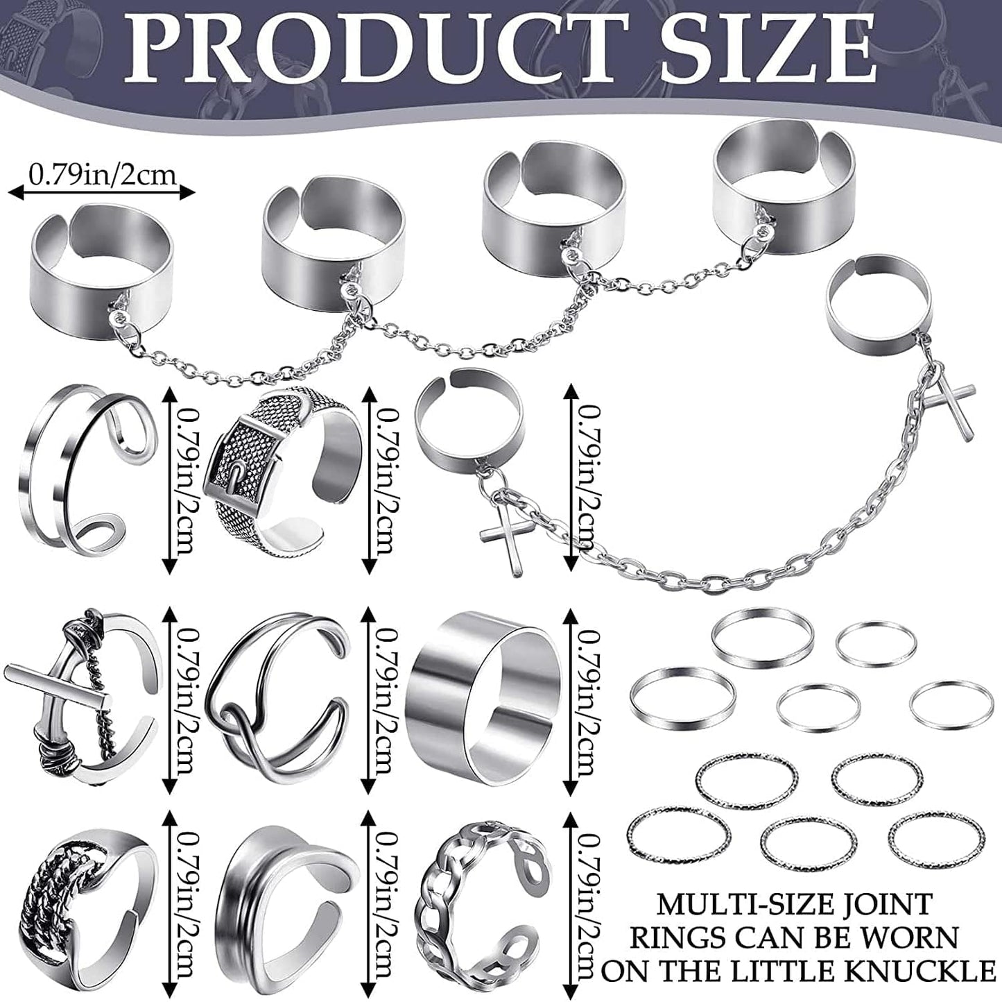 20 Pieces Vintage Silver Punk Chain Finger Rings Adjustable Stackable Vintage Ring Gothic Knuckle Ring Silver Punk Open Rings for Women Men