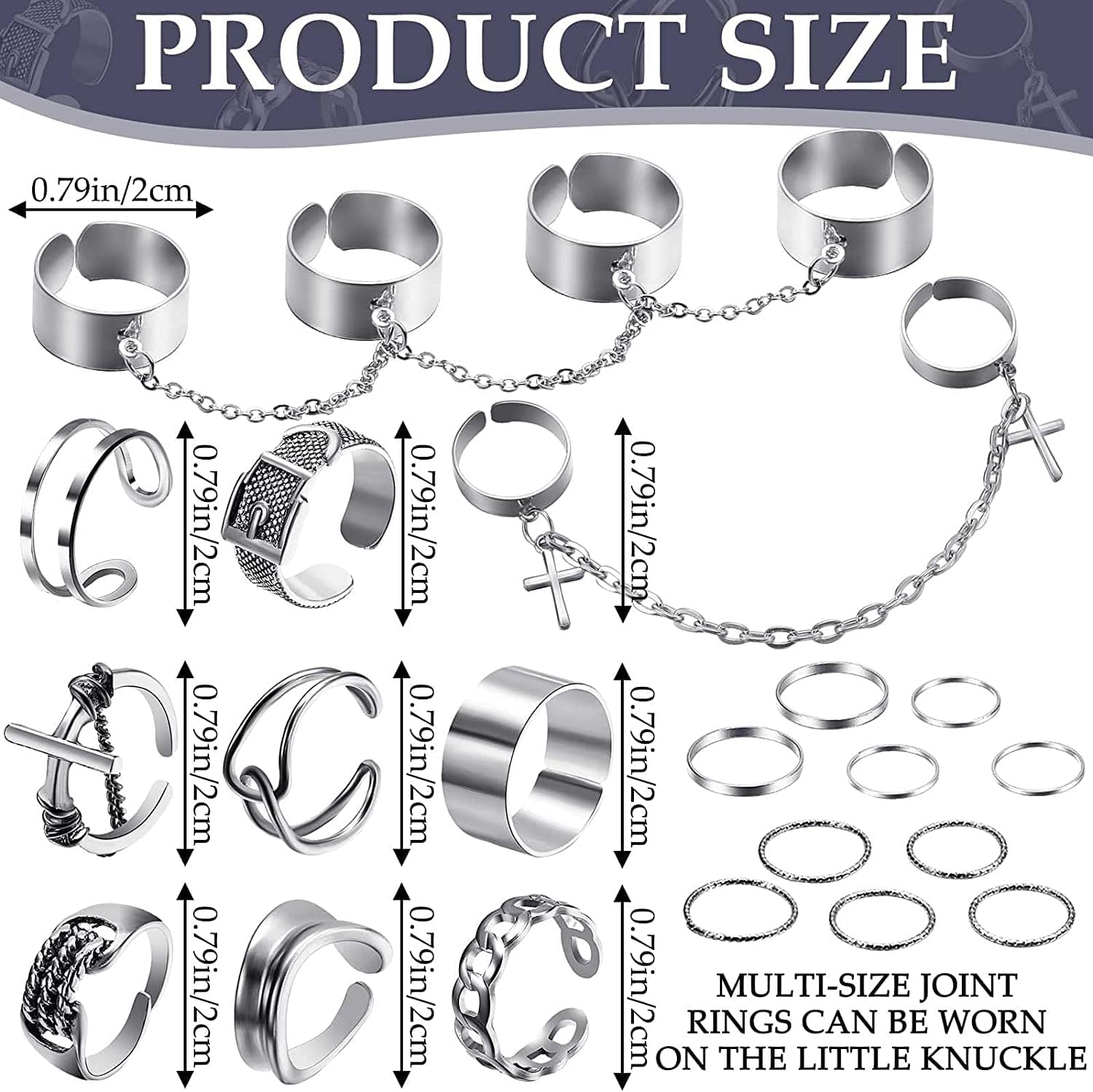 20 Pieces Vintage Silver Punk Chain Finger Rings Adjustable Stackable Vintage Ring Gothic Knuckle Ring Silver Punk Open Rings for Women Men