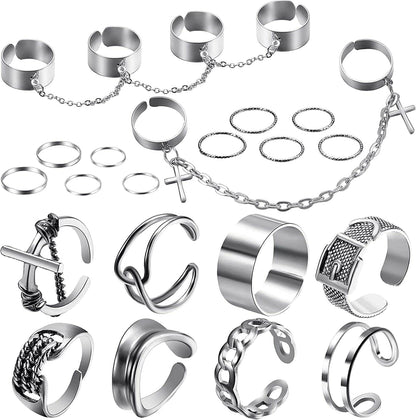 20 Pieces Vintage Silver Punk Chain Finger Rings Adjustable Stackable Vintage Ring Gothic Knuckle Ring Silver Punk Open Rings for Women Men