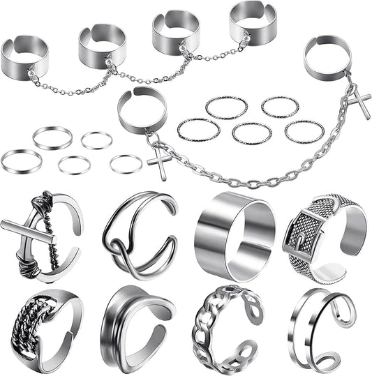 20 Pieces Vintage Silver Punk Chain Finger Rings Adjustable Stackable Vintage Ring Gothic Knuckle Ring Silver Punk Open Rings for Women Men