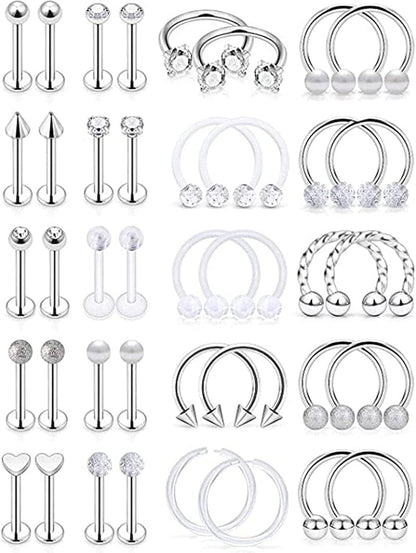 20 Style Surgical Steel Lip Rings Clear Diamond Cz Studs Tragus Horseshoe Ring Helix Hoop Earring Body Jewelry Piercing Retainer Durable and Practical Apparel & Accessories > Jewelry > Rings Generic   