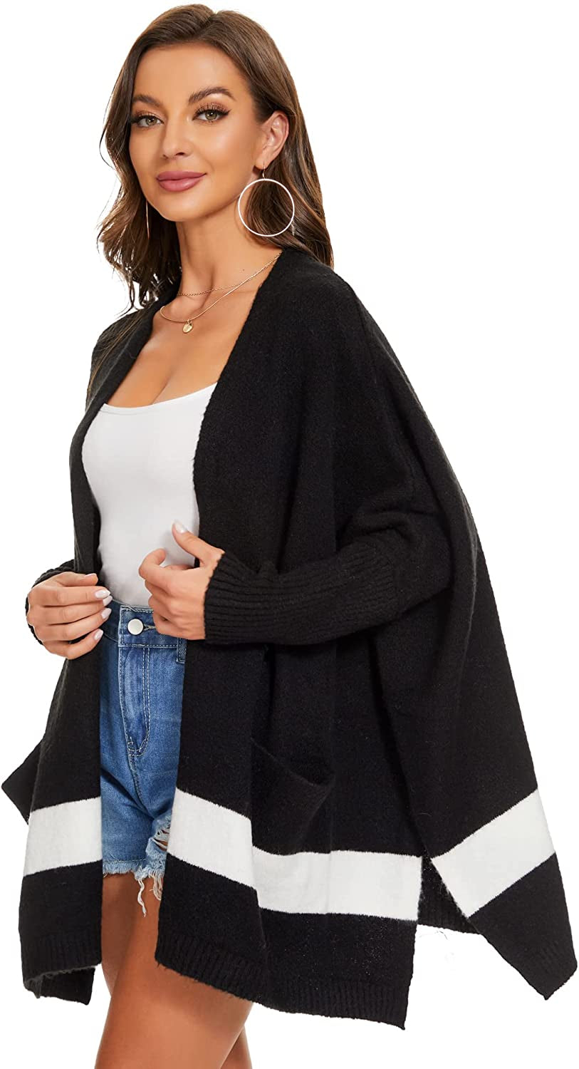 Moss Rose Women'S Open Front Cardigans Striped Batwing Sleeves Oversized Knit Pockets Sweater Coat Apparel & Accessories > Clothing Accessories > Scarves & Shawls KYLIE MAX B Black Medium 