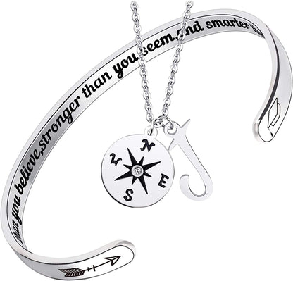 2022 Graduation Gift Compass Necklace Bracelet Set - Congrats Grad Stainless Steel Jewelry for Graduates Women Men Letter J Necklace + Bracelet