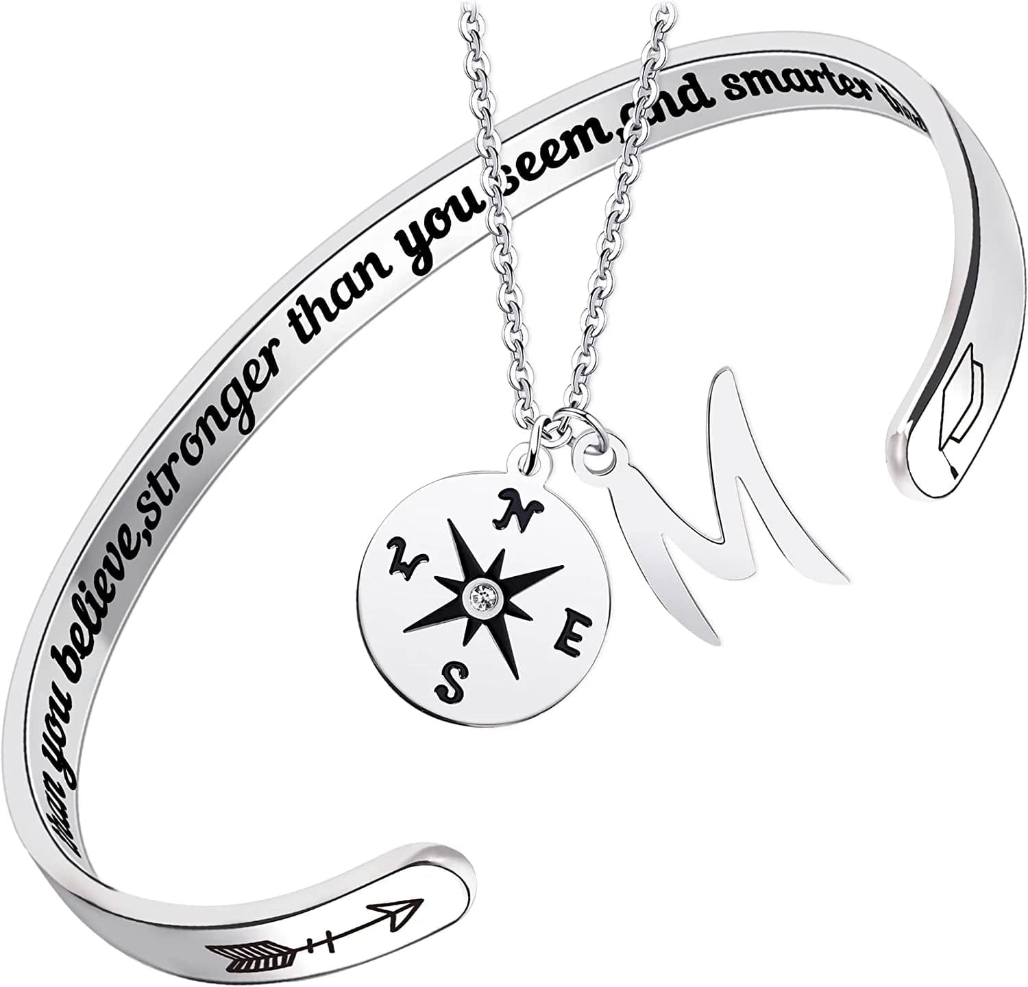 2022 Graduation Gift Compass Necklace Bracelet Set - Congrats Grad Stainless Steel Jewelry for Graduates Women Men Letter M Necklace + Bracelet