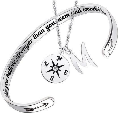 2022 Graduation Gift Compass Necklace Bracelet Set - Congrats Grad Stainless Steel Jewelry for Graduates Women Men Letter M Necklace + Bracelet