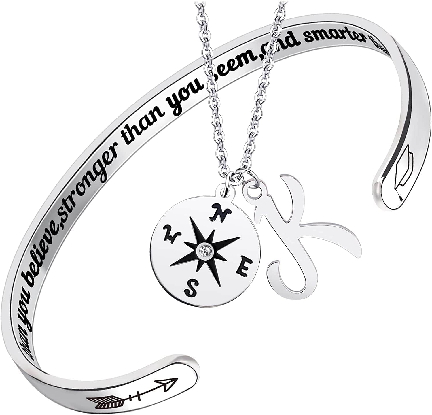 2022 Graduation Gift Compass Necklace Bracelet Set - Congrats Grad Stainless Steel Jewelry for Graduates Women Men Letter K Necklace + Bracelet