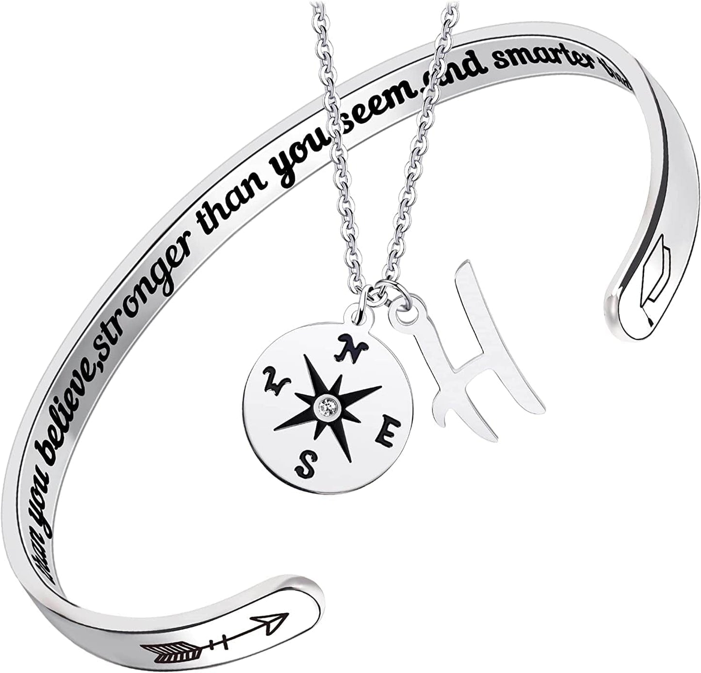 2022 Graduation Gift Compass Necklace Bracelet Set - Congrats Grad Stainless Steel Jewelry for Graduates Women Men Letter H Necklace + Bracelet