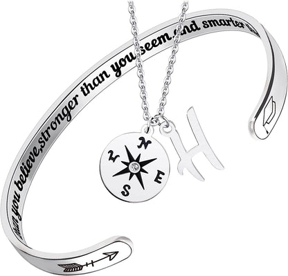 2022 Graduation Gift Compass Necklace Bracelet Set - Congrats Grad Stainless Steel Jewelry for Graduates Women Men Letter H Necklace + Bracelet