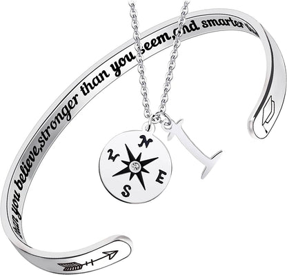 2022 Graduation Gift Compass Necklace Bracelet Set - Congrats Grad Stainless Steel Jewelry for Graduates Women Men Letter I Necklace + Bracelet