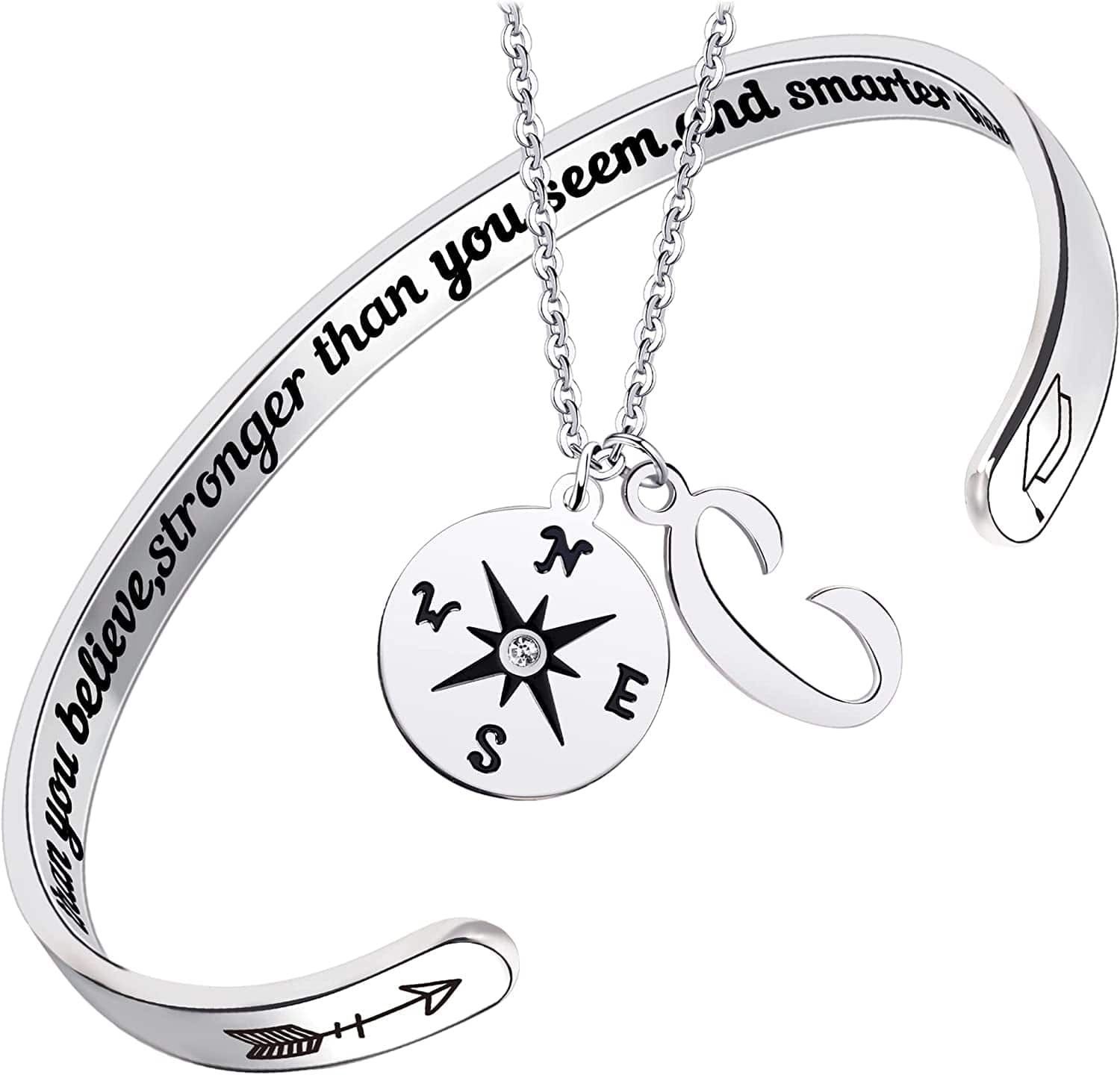 2022 Graduation Gift Compass Necklace Bracelet Set - Congrats Grad Stainless Steel Jewelry for Graduates Women Men Letter C Necklace + Bracelet