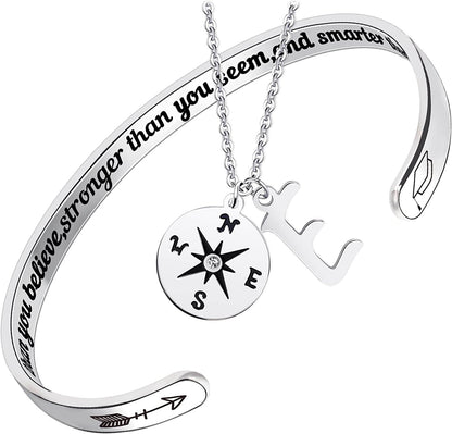 2022 Graduation Gift Compass Necklace Bracelet Set - Congrats Grad Stainless Steel Jewelry for Graduates Women Men Letter E Necklace + Bracelet