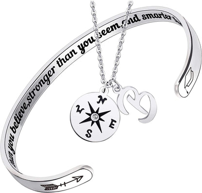 2022 Graduation Gift Compass Necklace Bracelet Set - Congrats Grad Stainless Steel Jewelry for Graduates Women Men Letter B Necklace + Bracelet