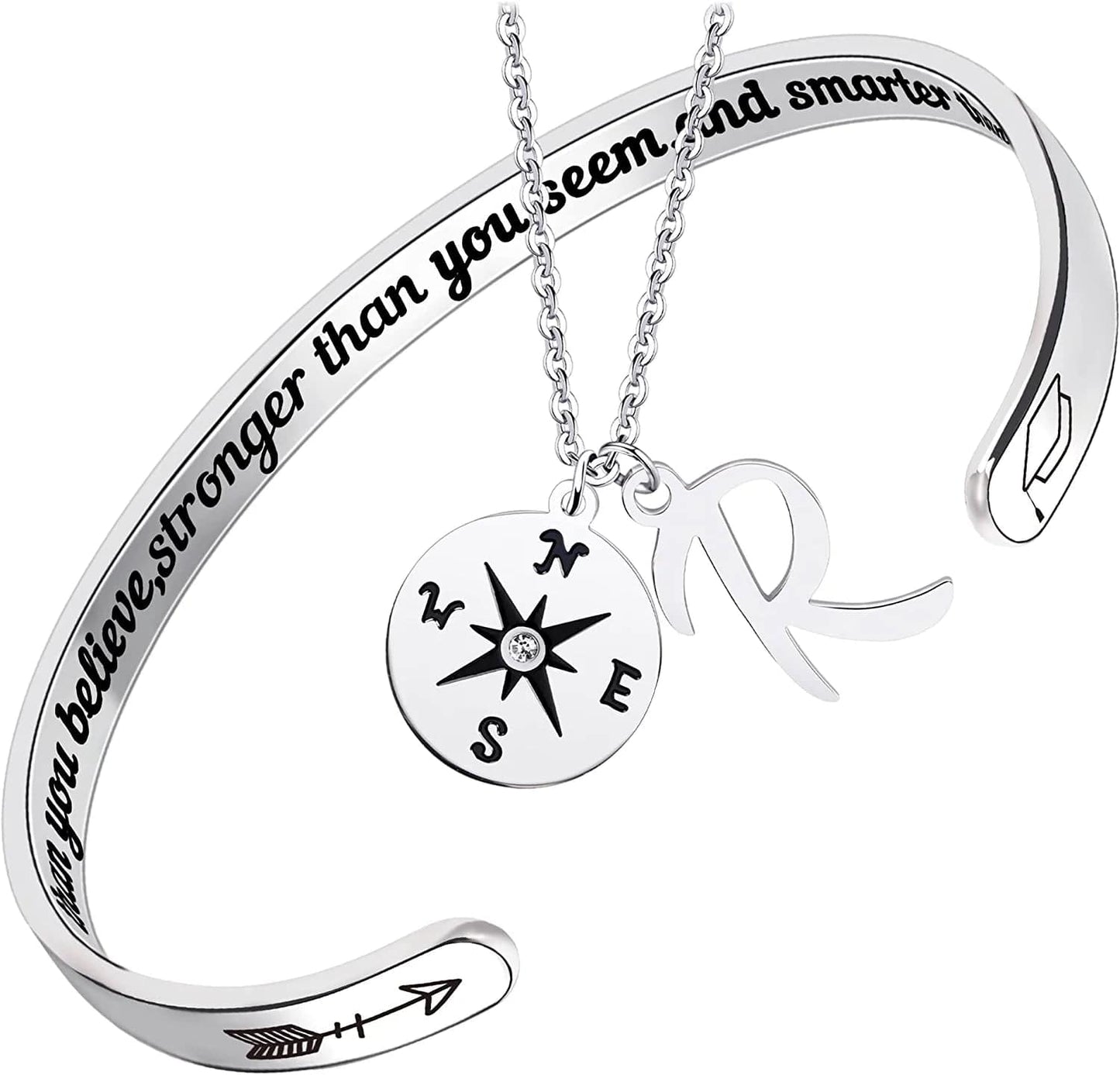 2022 Graduation Gift Compass Necklace Bracelet Set - Congrats Grad Stainless Steel Jewelry for Graduates Women Men Letter R Necklace + Bracelet
