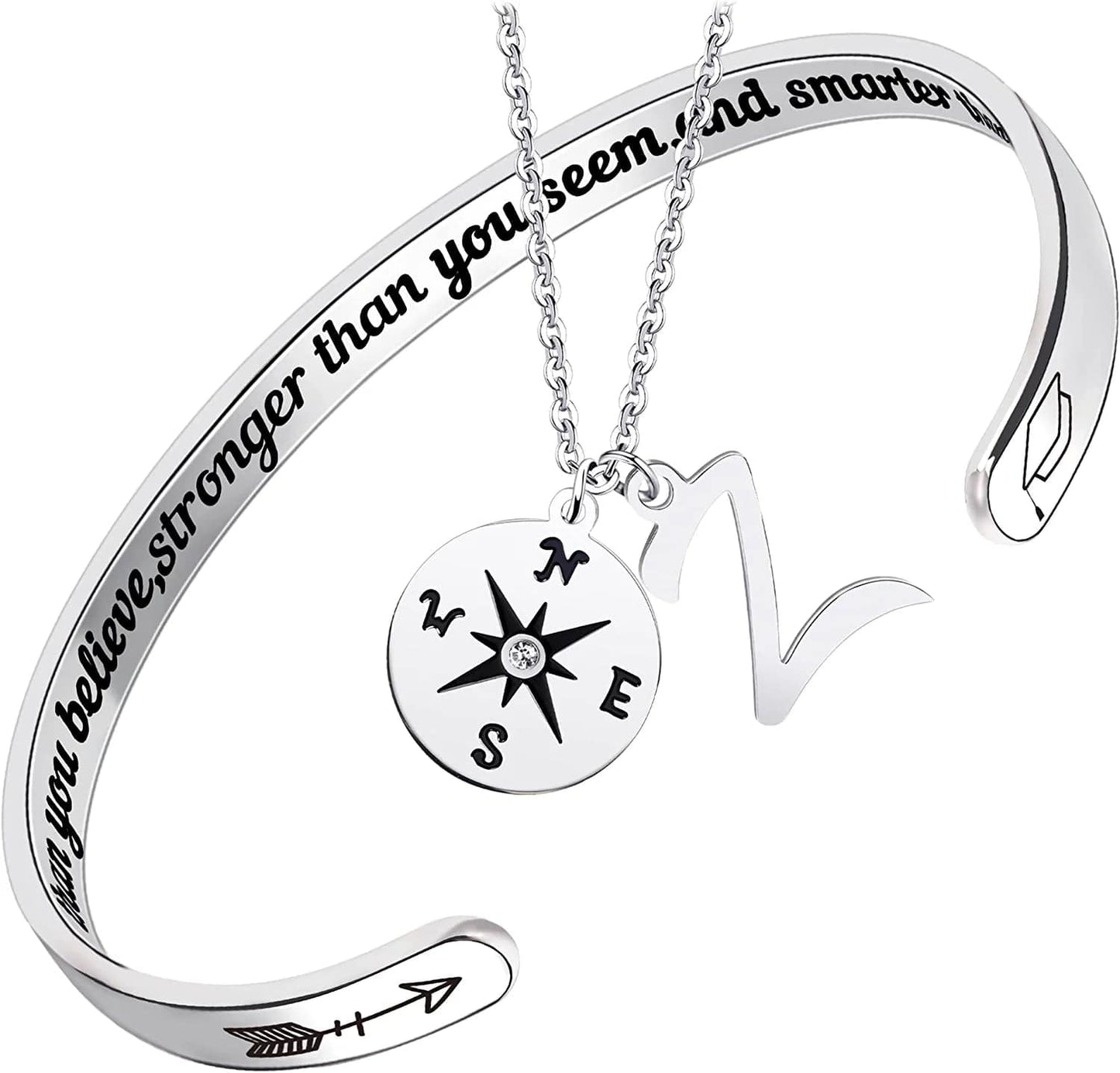 2022 Graduation Gift Compass Necklace Bracelet Set - Congrats Grad Stainless Steel Jewelry for Graduates Women Men Letter Z Necklace + Bracelet