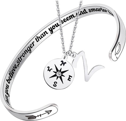 2022 Graduation Gift Compass Necklace Bracelet Set - Congrats Grad Stainless Steel Jewelry for Graduates Women Men Letter Z Necklace + Bracelet