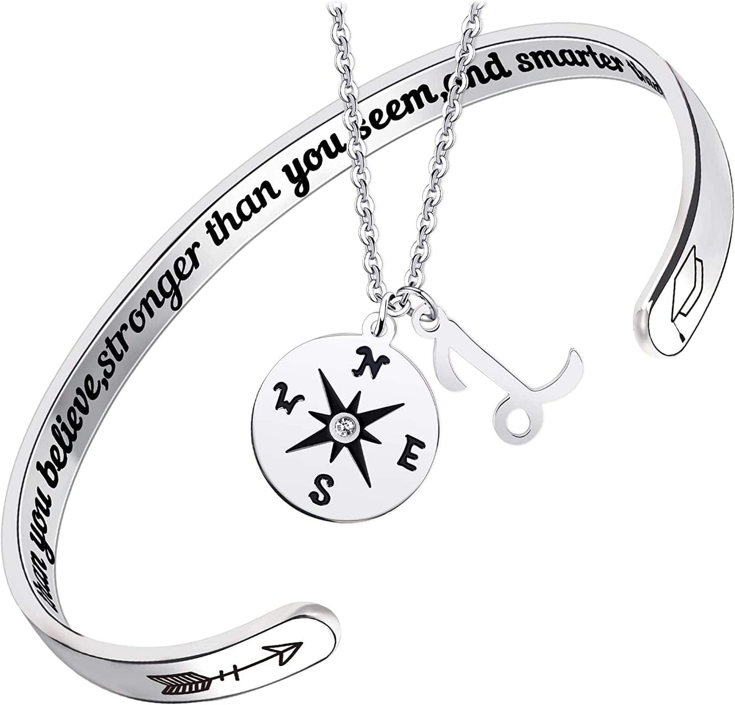 2022 Graduation Gift Compass Necklace Bracelet Set - Congrats Grad Stainless Steel Jewelry for Graduates Women Men Letter L Necklace + Bracelet