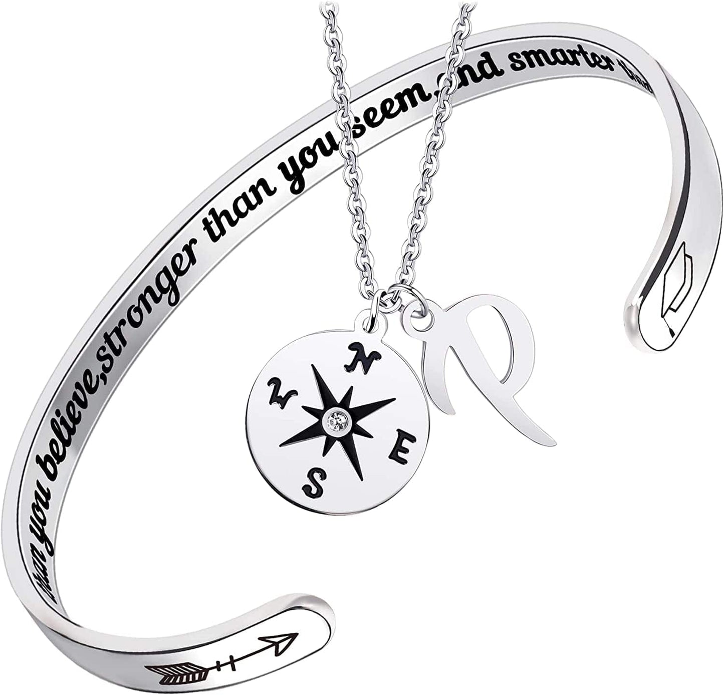 2022 Graduation Gift Compass Necklace Bracelet Set - Congrats Grad Stainless Steel Jewelry for Graduates Women Men Letter P Necklace + Bracelet