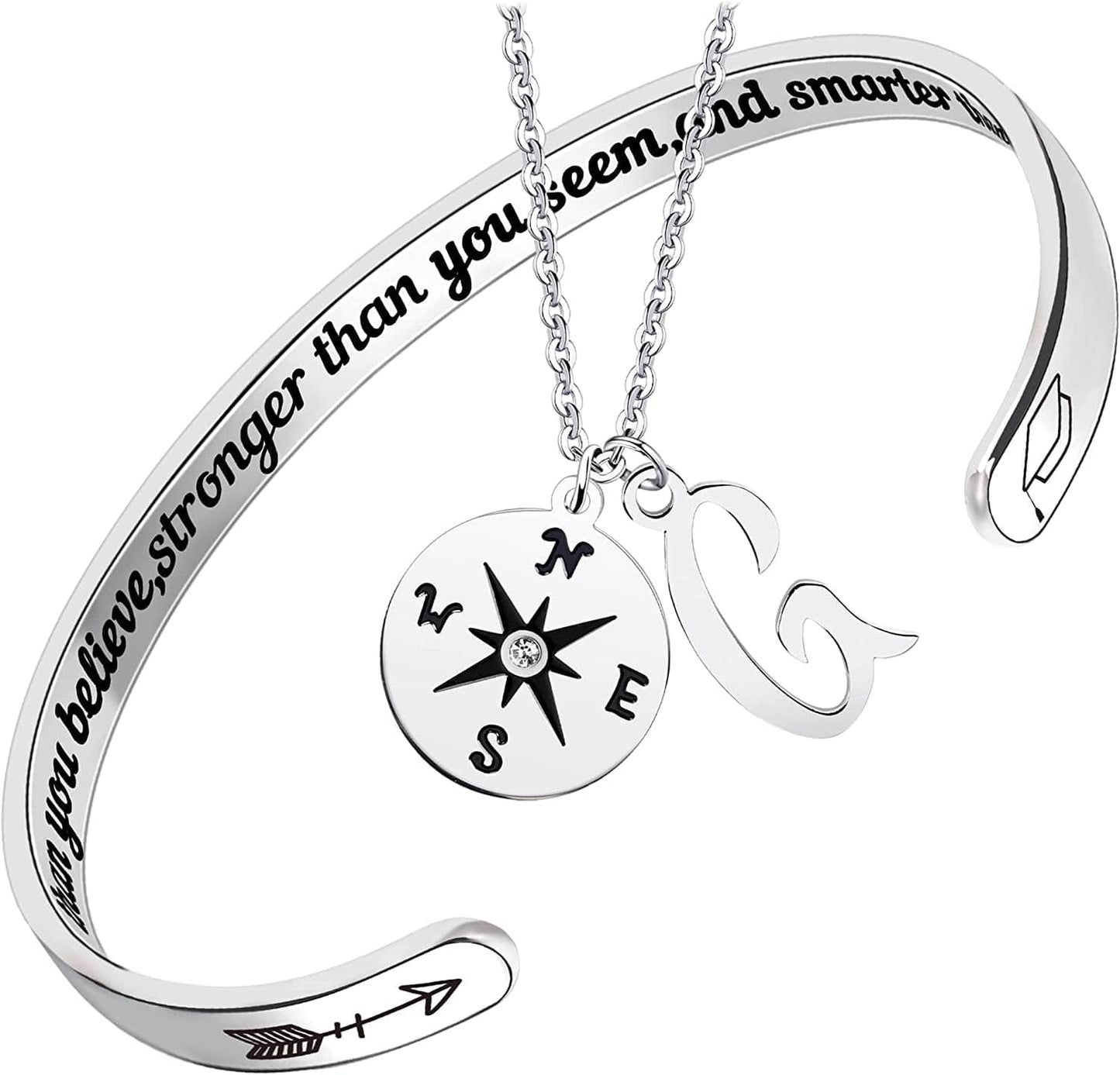 2022 Graduation Gift Compass Necklace Bracelet Set - Congrats Grad Stainless Steel Jewelry for Graduates Women Men Letter G Necklace + Bracelet