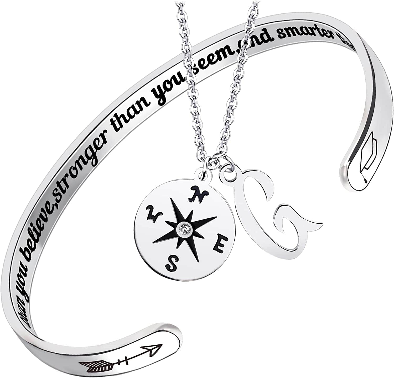 2022 Graduation Gift Compass Necklace Bracelet Set - Congrats Grad Stainless Steel Jewelry for Graduates Women Men Letter G Necklace + Bracelet