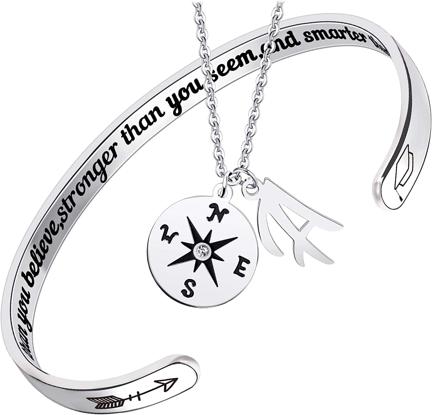2022 Graduation Gift Compass Necklace Bracelet Set - Congrats Grad Stainless Steel Jewelry for Graduates Women Men Letter A Necklace + Bracelet