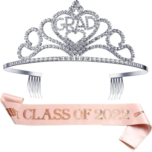 2022 Graduation Glittered Metal Princess Grad Crown Tiara and Graduate Sash Class of 2022 for Graduation Party Grad Decor Apparel & Accessories > Clothing Accessories > Sashes Hicarer Pink Class of 2022  