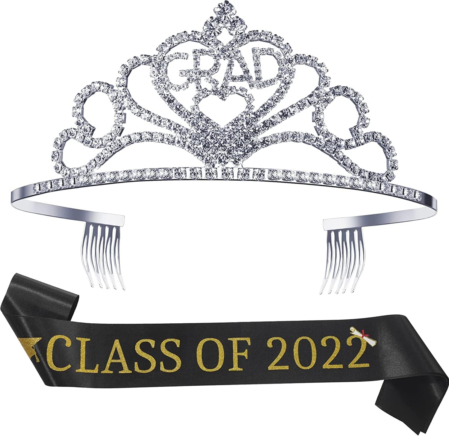 2022 Graduation Glittered Metal Princess Grad Crown Tiara and Graduate Sash Class of 2022 for Graduation Party Grad Decor Apparel & Accessories > Clothing Accessories > Sashes Hicarer Black Class of 2022  