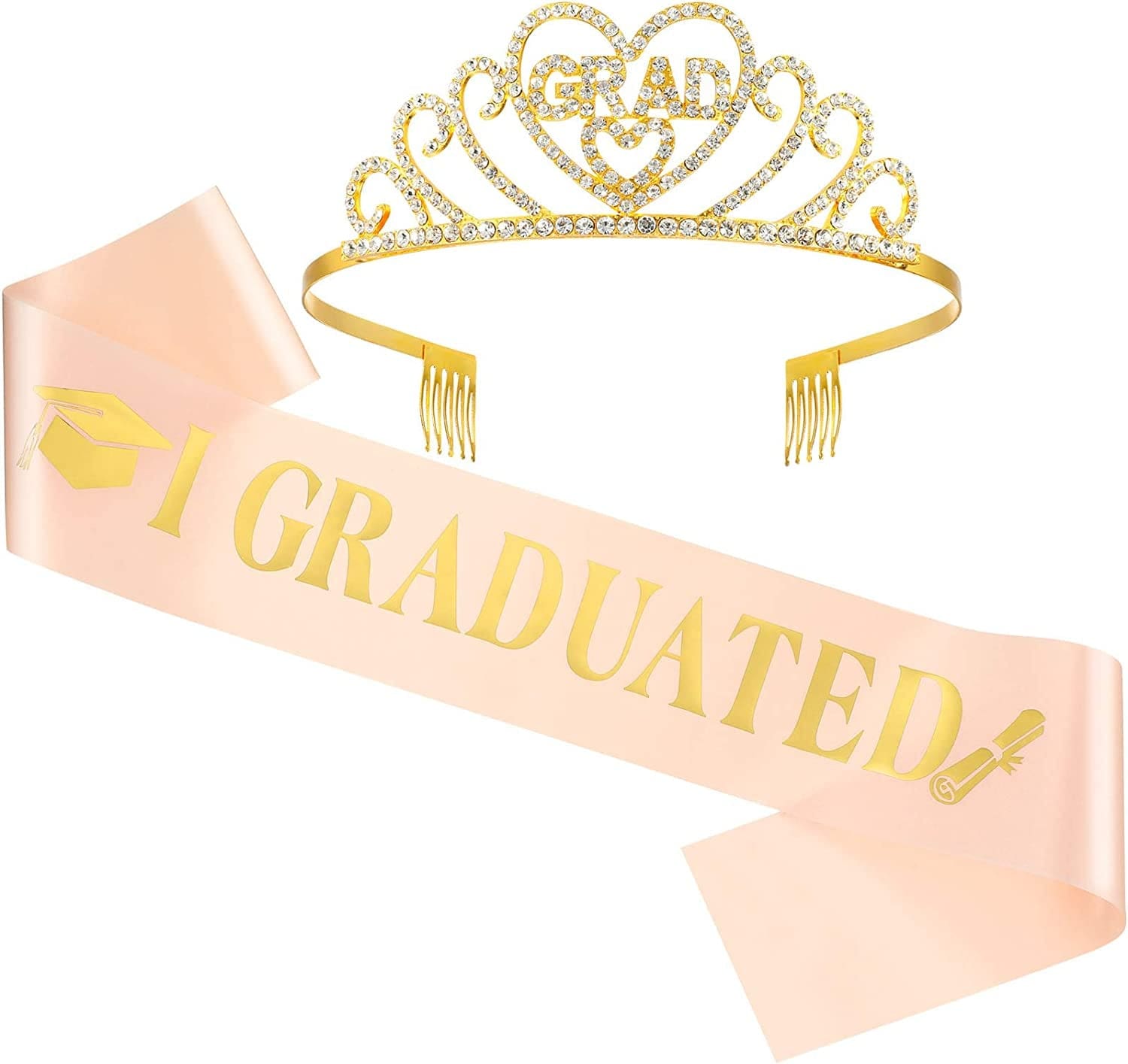 2022 Graduation Satin Sash Crown Tiara Kit 2022 Graduated Party Decorations Rhinestone Tiara (Champagne Sash, Gold Crown) Apparel & Accessories > Clothing Accessories > Sashes Chuangdi Champagne Sash,gold Crowns  