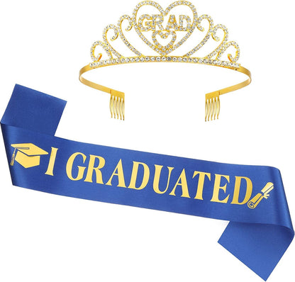 2022 Graduation Satin Sash Crown Tiara Kit 2022 Graduated Party Decorations Rhinestone Tiara (Champagne Sash, Gold Crown) Apparel & Accessories > Clothing Accessories > Sashes Chuangdi Blue Sash, Gold Crown  