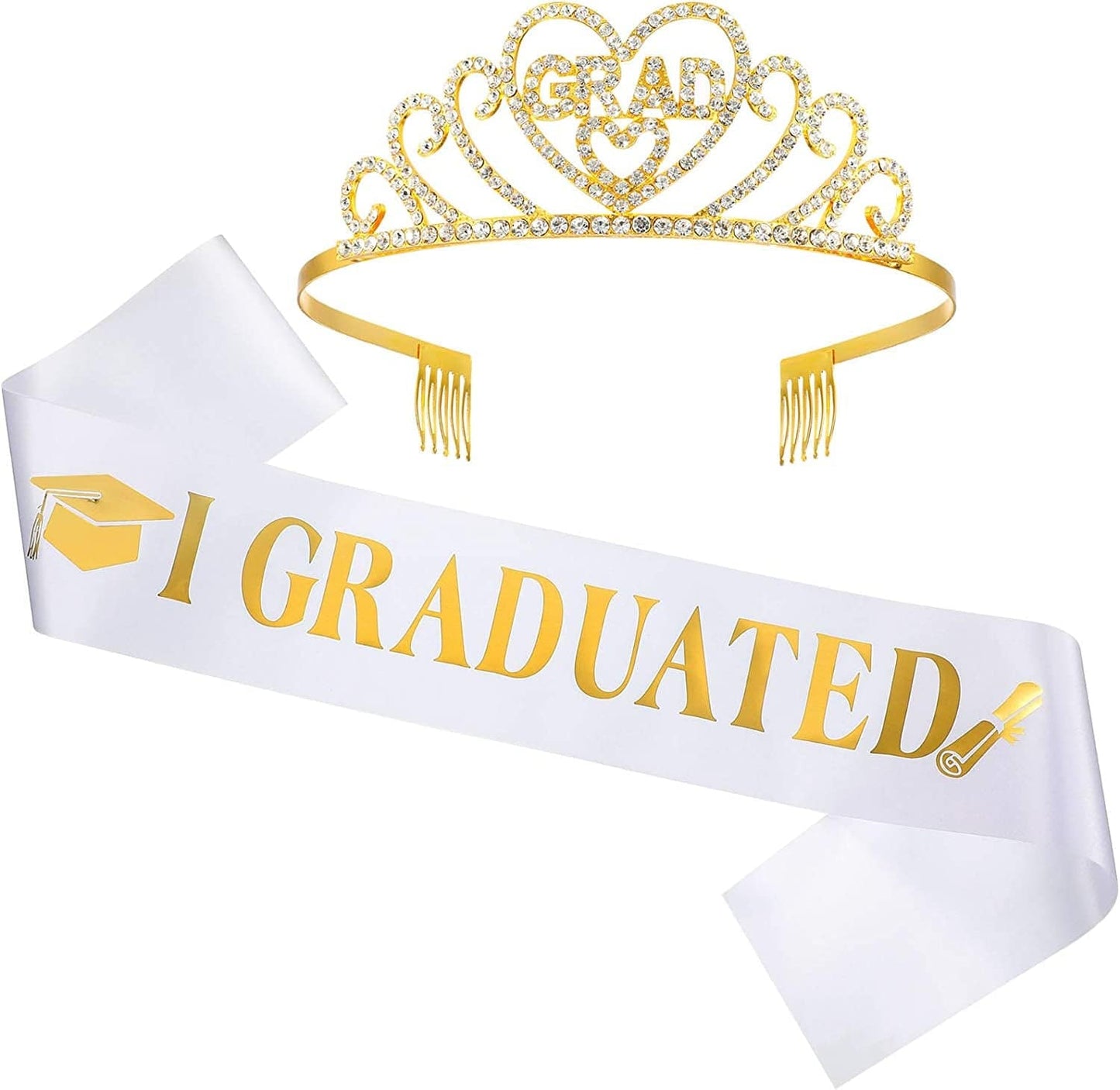 2022 Graduation Satin Sash Crown Tiara Kit 2022 Graduated Party Decorations Rhinestone Tiara (Champagne Sash, Gold Crown) Apparel & Accessories > Clothing Accessories > Sashes Chuangdi White Sash, Gold Crown  