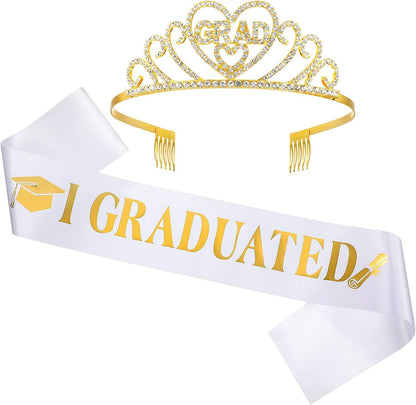 2022 Graduation Satin Sash Crown Tiara Kit 2022 Graduated Party Decorations Rhinestone Tiara (Champagne Sash, Gold Crown) Apparel & Accessories > Clothing Accessories > Sashes Chuangdi White Sash, Gold Crown  