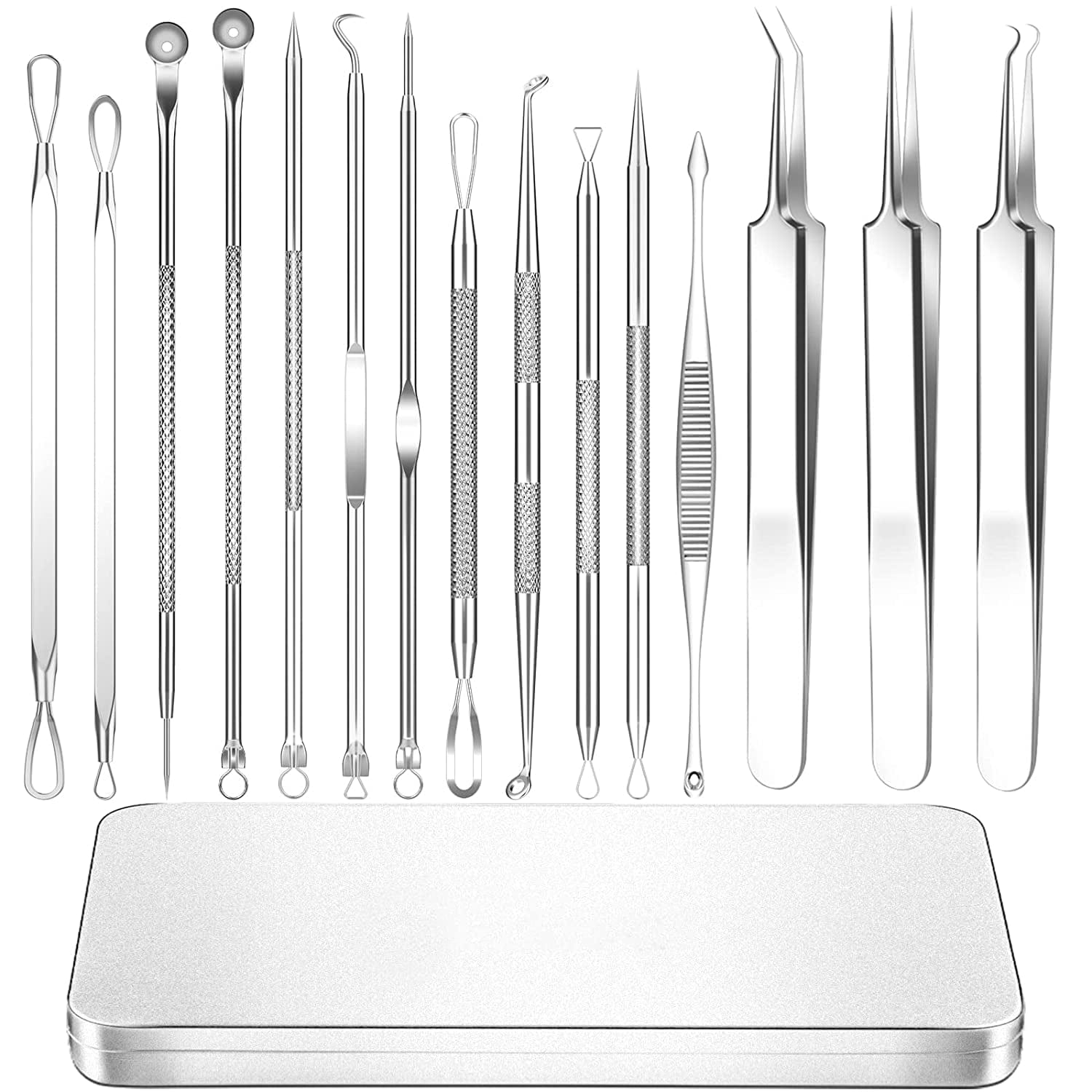 2022 Latest 15 PCS Blackhead Remover Tools, Pimple Popper Tool Kit, Acne Extractor Tool, Professional Stainless Pimple Acne Blemish Removal Tools Set with Metal Case Health & Beauty > Personal Care > Cosmetics > Cosmetic Tools > Skin Care Tools FREESHOW Silver  