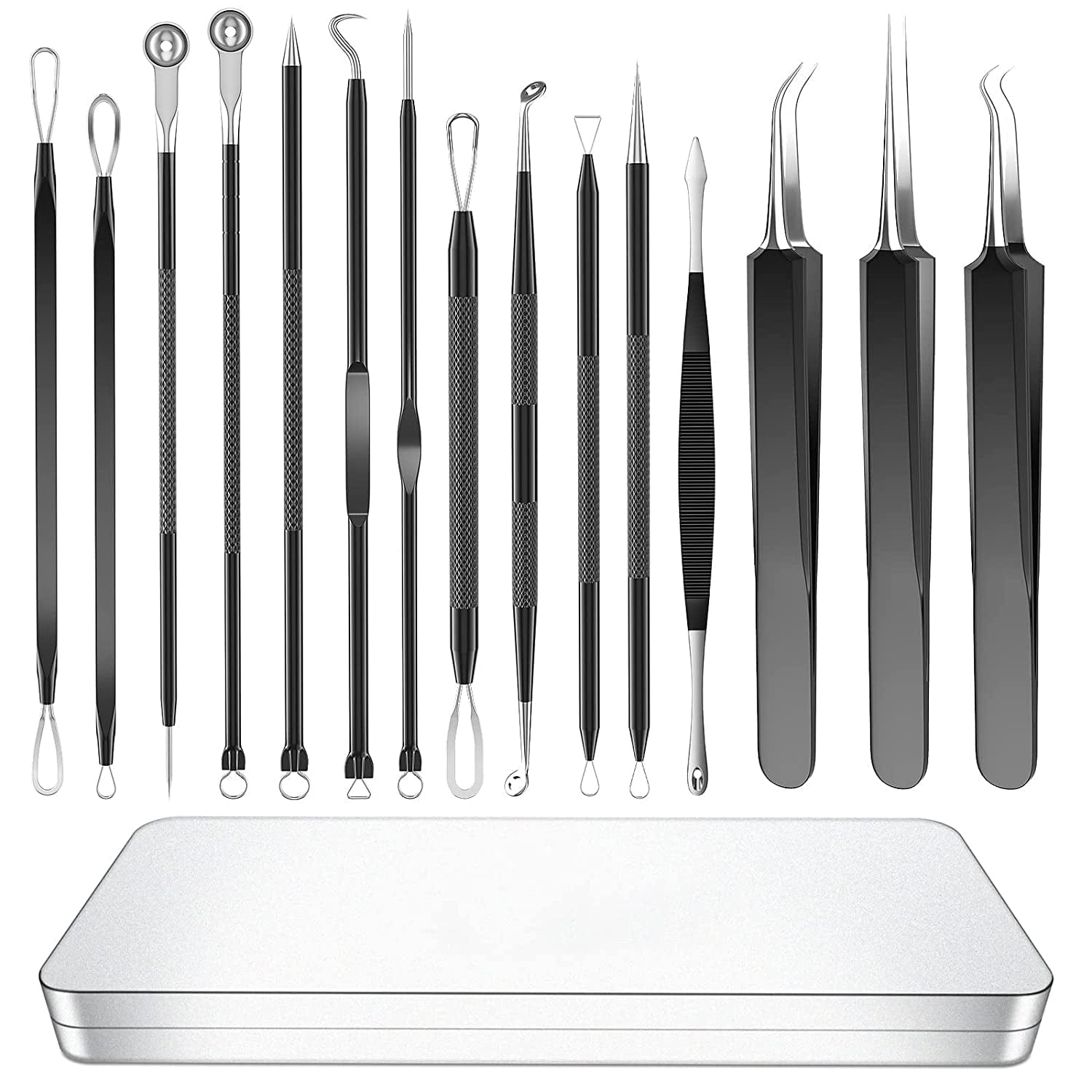 2022 Latest 15 PCS Blackhead Remover Tools, Pimple Popper Tool Kit, Acne Extractor Tool, Professional Stainless Pimple Acne Blemish Removal Tools Set with Metal Case Health & Beauty > Personal Care > Cosmetics > Cosmetic Tools > Skin Care Tools FREESHOW Black  