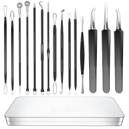 2022 Latest 15 PCS Blackhead Remover Tools, Pimple Popper Tool Kit, Acne Extractor Tool, Professional Stainless Pimple Acne Blemish Removal Tools Set with Metal Case Health & Beauty > Personal Care > Cosmetics > Cosmetic Tools > Skin Care Tools FREESHOW Black  