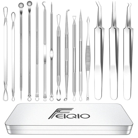 2022 Latest 15 PCS Pimple Popper Tool Kit, Blackhead Remover Comedone Acne Extractor Tools, Professional Sharp Stainless Skin Blemish Removal Pimple Tools with Metal Case Health & Beauty > Personal Care > Cosmetics > Cosmetic Tools > Skin Care Tools Feiqio Silver  