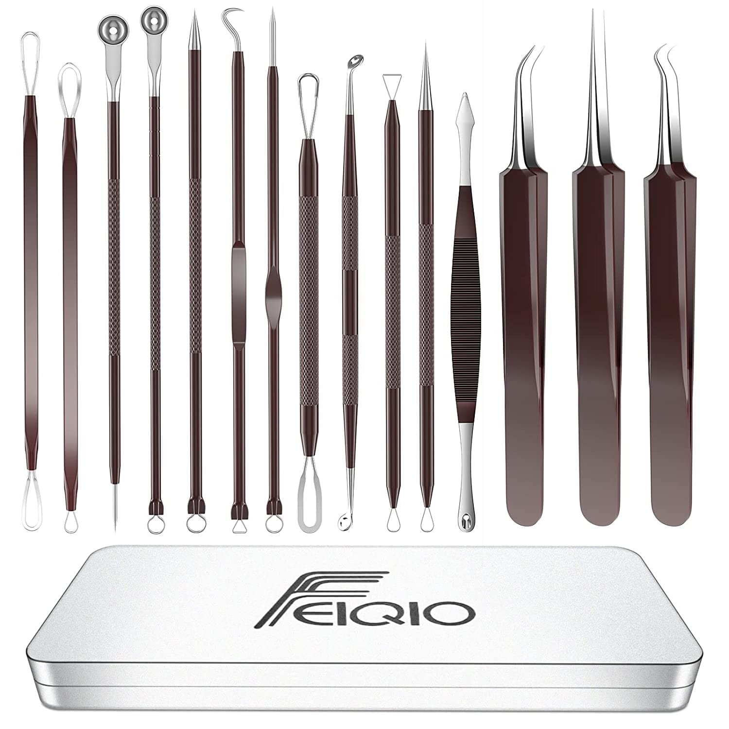 2022 Latest 15 PCS Pimple Popper Tool Kit, Blackhead Remover Comedone Acne Extractor Tools, Professional Sharp Stainless Skin Blemish Removal Pimple Tools with Metal Case Health & Beauty > Personal Care > Cosmetics > Cosmetic Tools > Skin Care Tools Feiqio Brown  