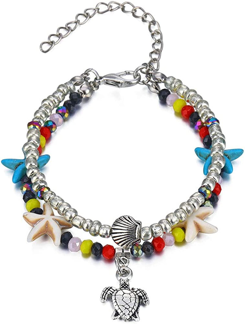 Softones Blue Starfish Turtle Anklet Multilayer Charm Beads Sea Handmade Boho Anklet Foot Jewelry for Women Girl Apparel & Accessories > Jewelry > Anklets Softones A:Turtle 2  